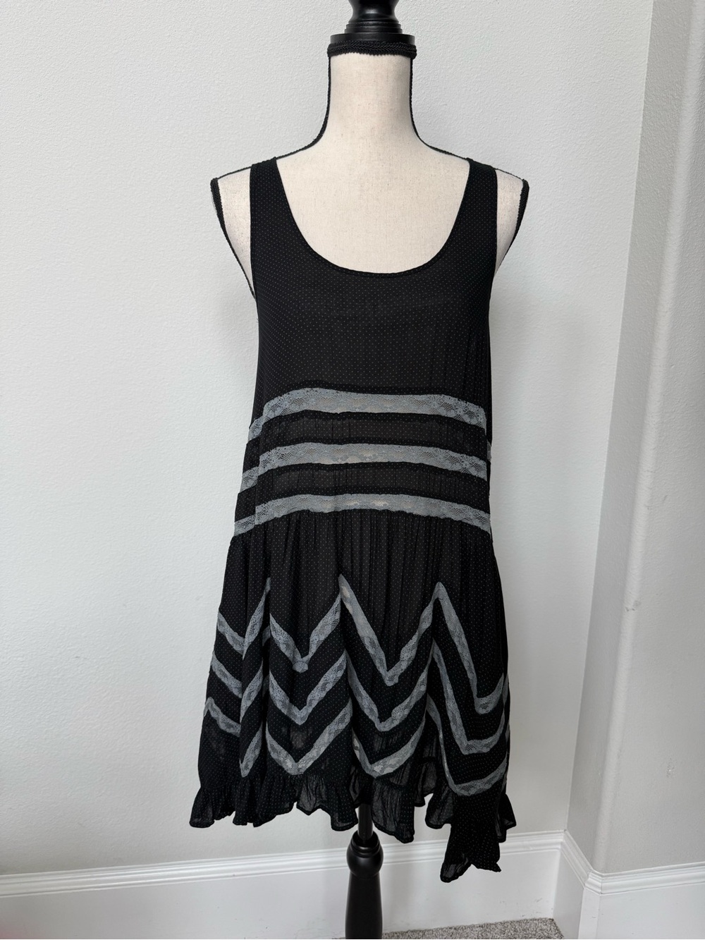 Free People Black Chemise with Gray Fots and Chevron Lace Accents